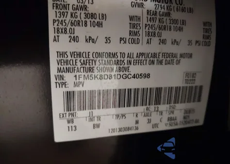 2013 Ford Explorer Xlt from USA, damaged, VIN 1FM5K8D81DGC40598